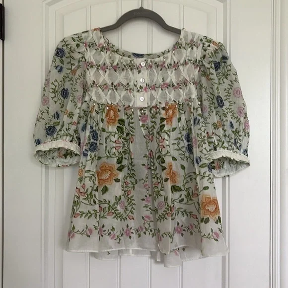 Farm Rio Folk Floral Short Sleeve Blouse NWT Small - Picture 5 of 6